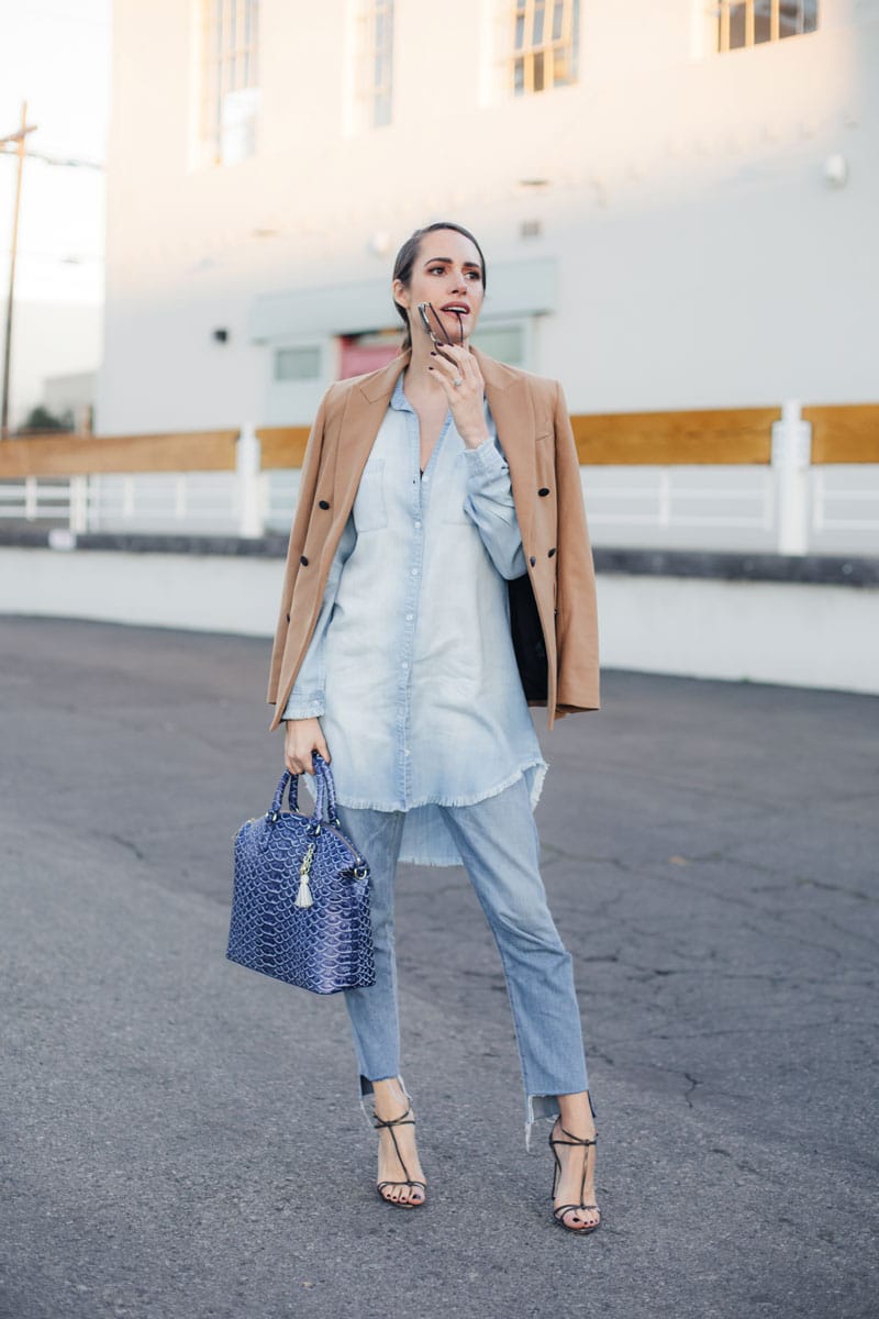 Louise Roe wearing a denim on denim outfit