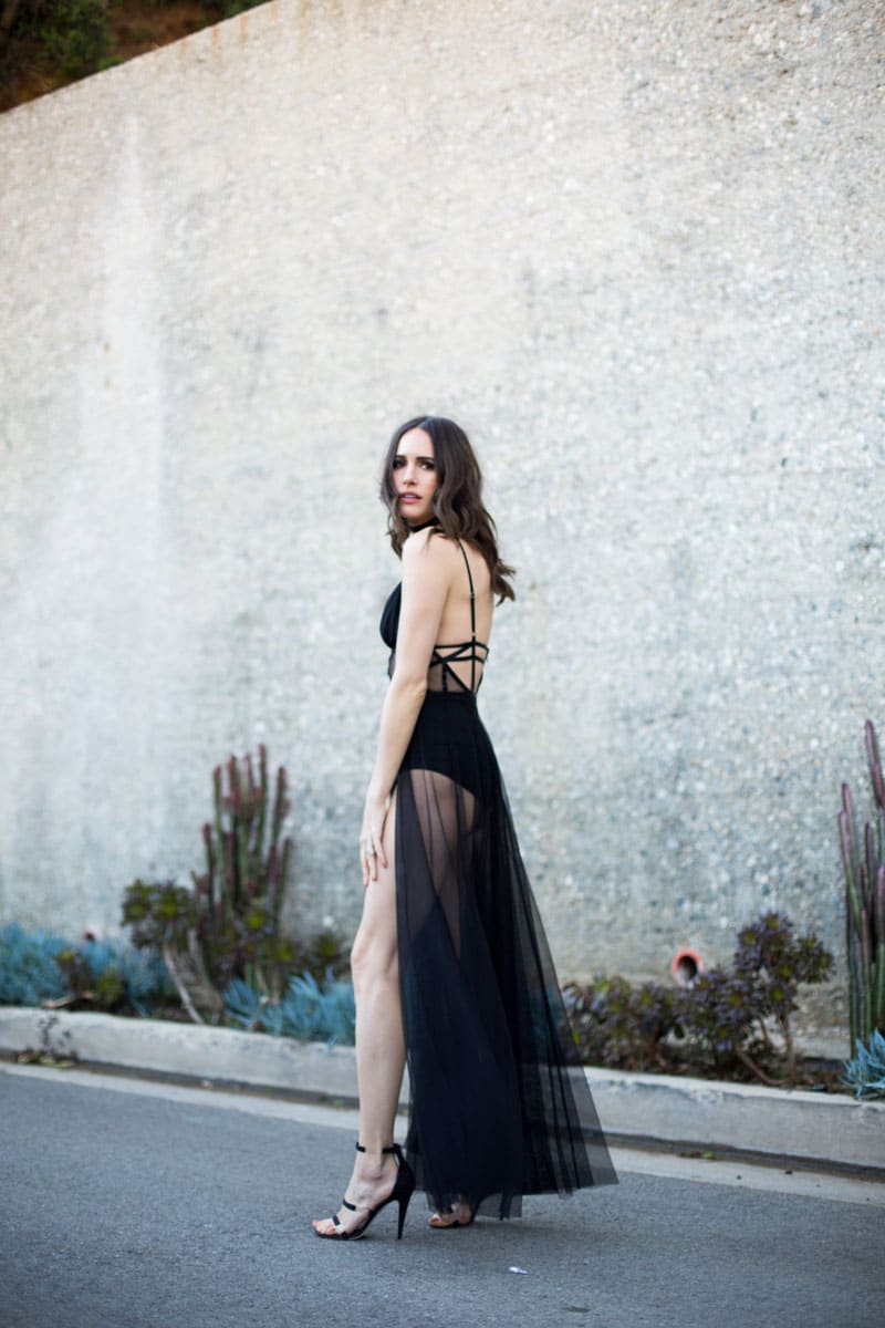Louise Roe wearing Bebe dress to the Oscars afterparty