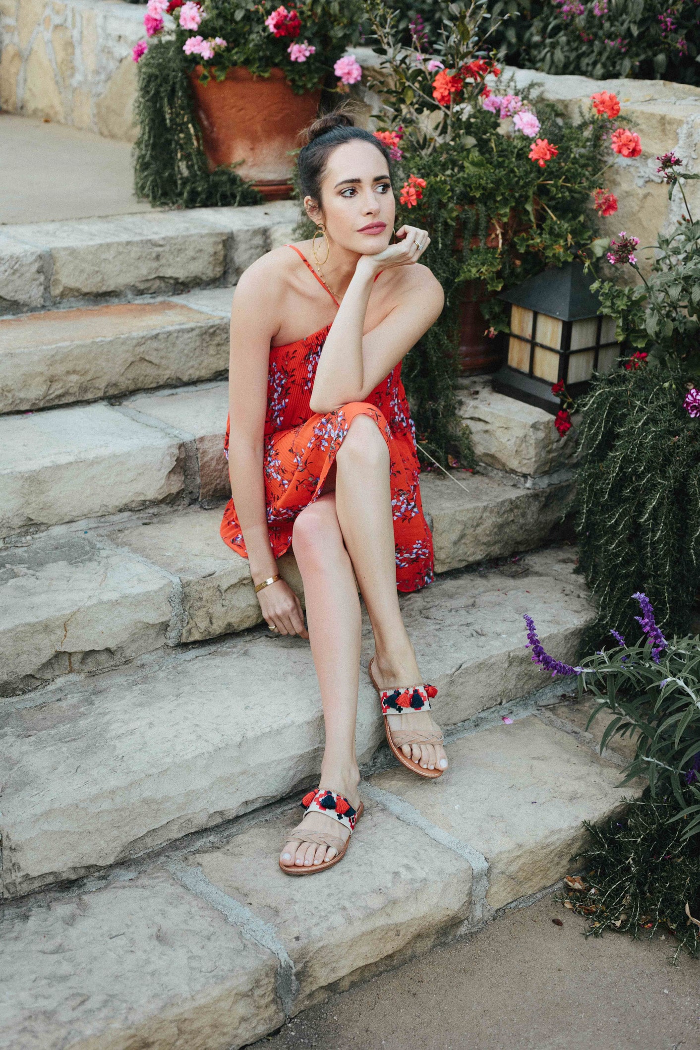 Louise Roe wearing red Spanish style summer dress in Santa Barbara