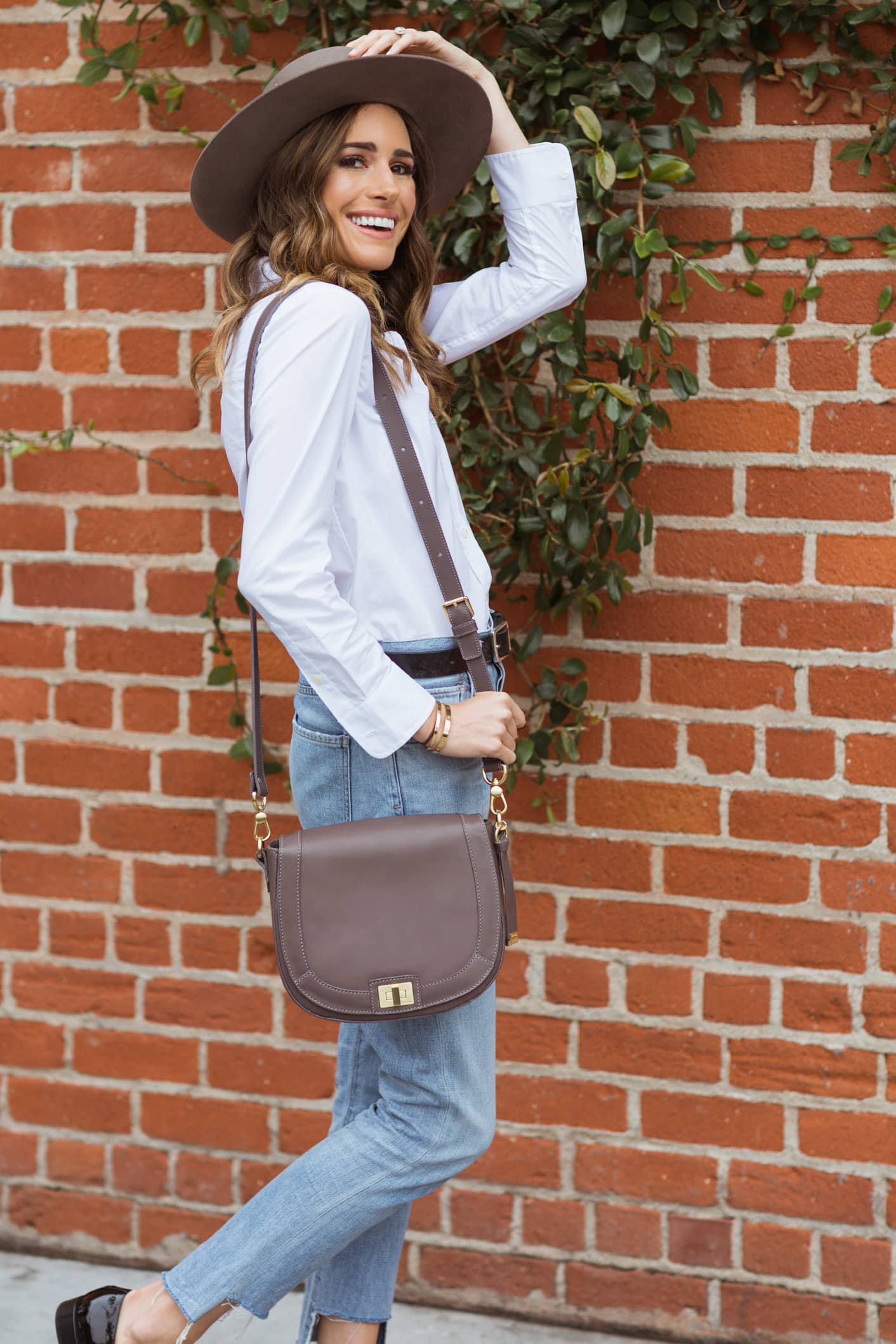 Louise Roe wearing white outfit with blue blazer and Brahmin bag 4 - Front  Roe by Louise Roe