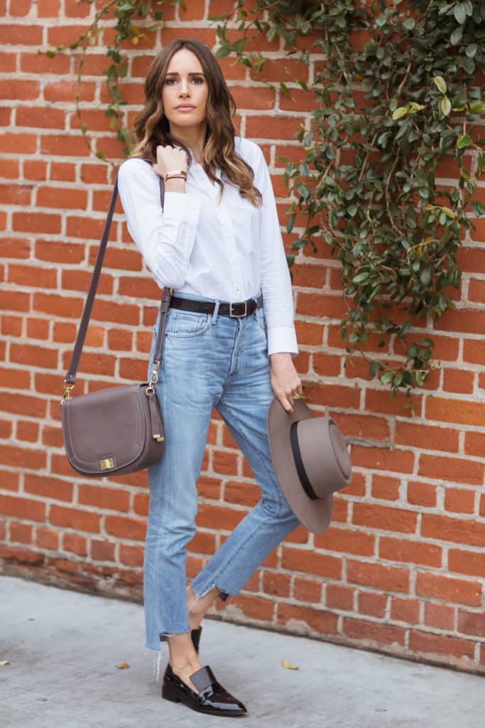 Louise Roe wearing white outfit with blue blazer and Brahmin bag 4 - Front  Roe by Louise Roe