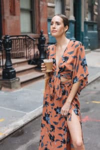 Louise wearing Faithfull the brand fall florals dress in New York