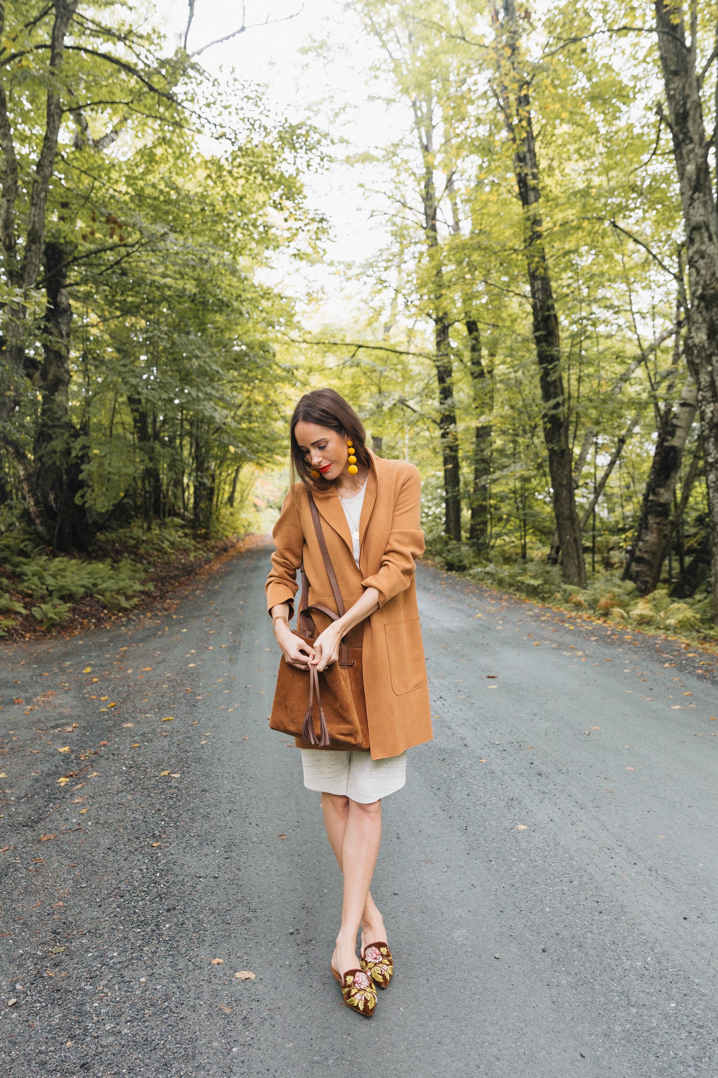 Louise Roe wearing a camel coat for fall in Vermont