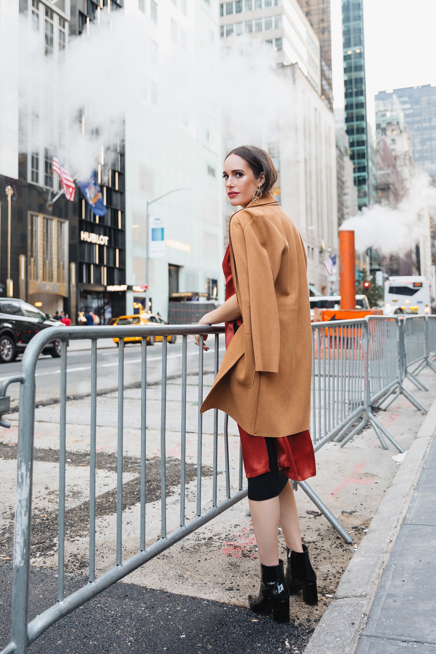 Louise Roe wearing copper tunic at NYFW