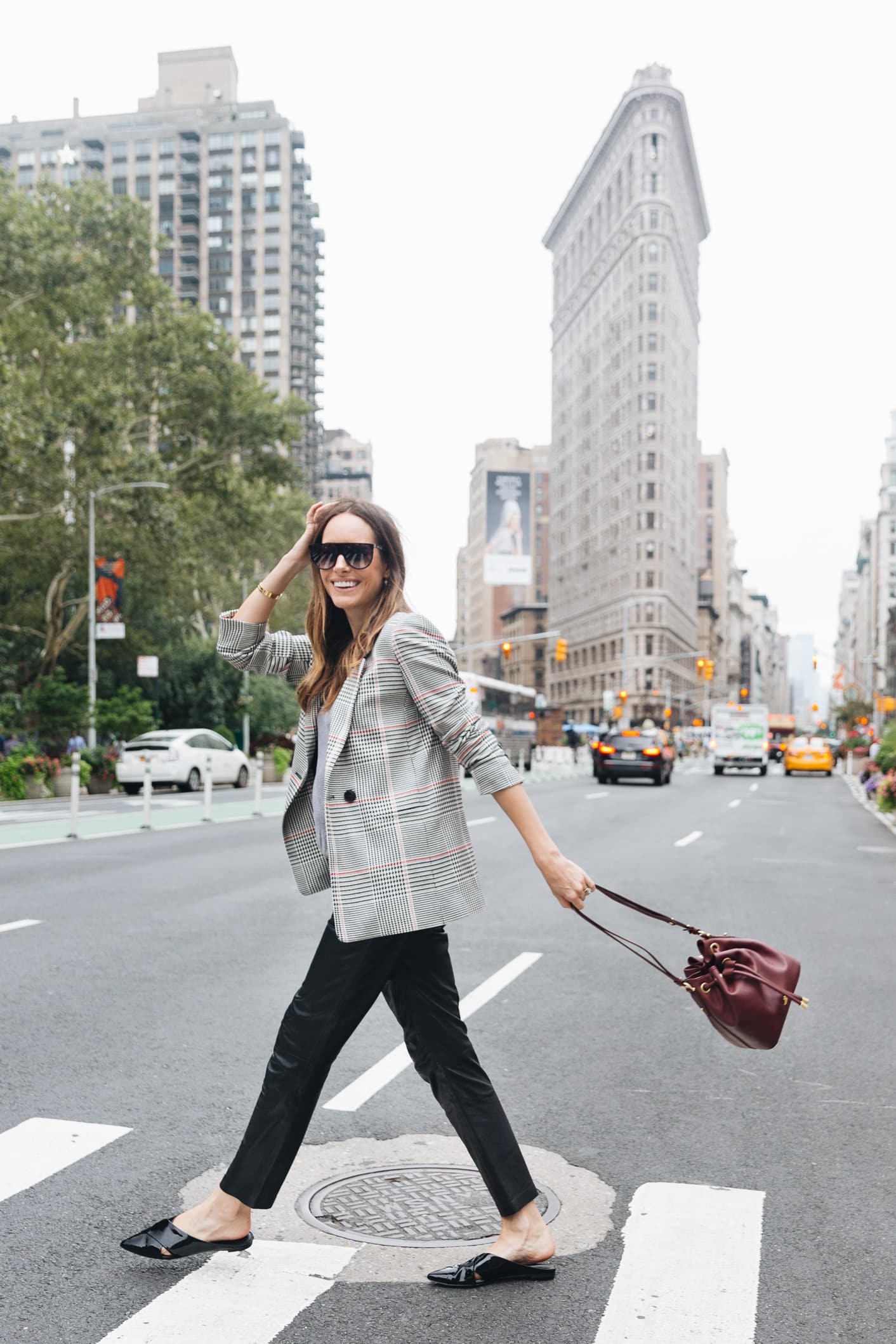 Louise Roe street style look with blazer and leather pants