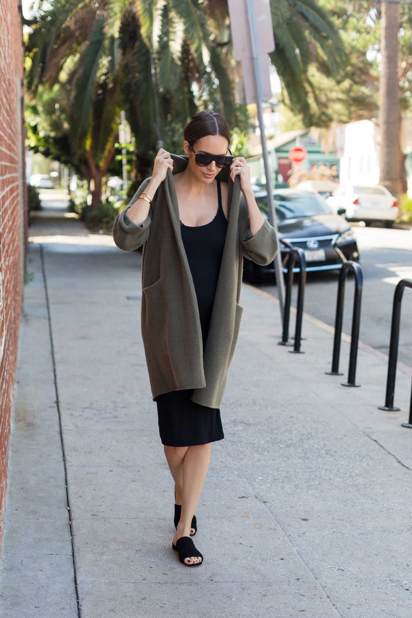 Louise Roe non maternity maternity style outfit with midi dress and cardigan
