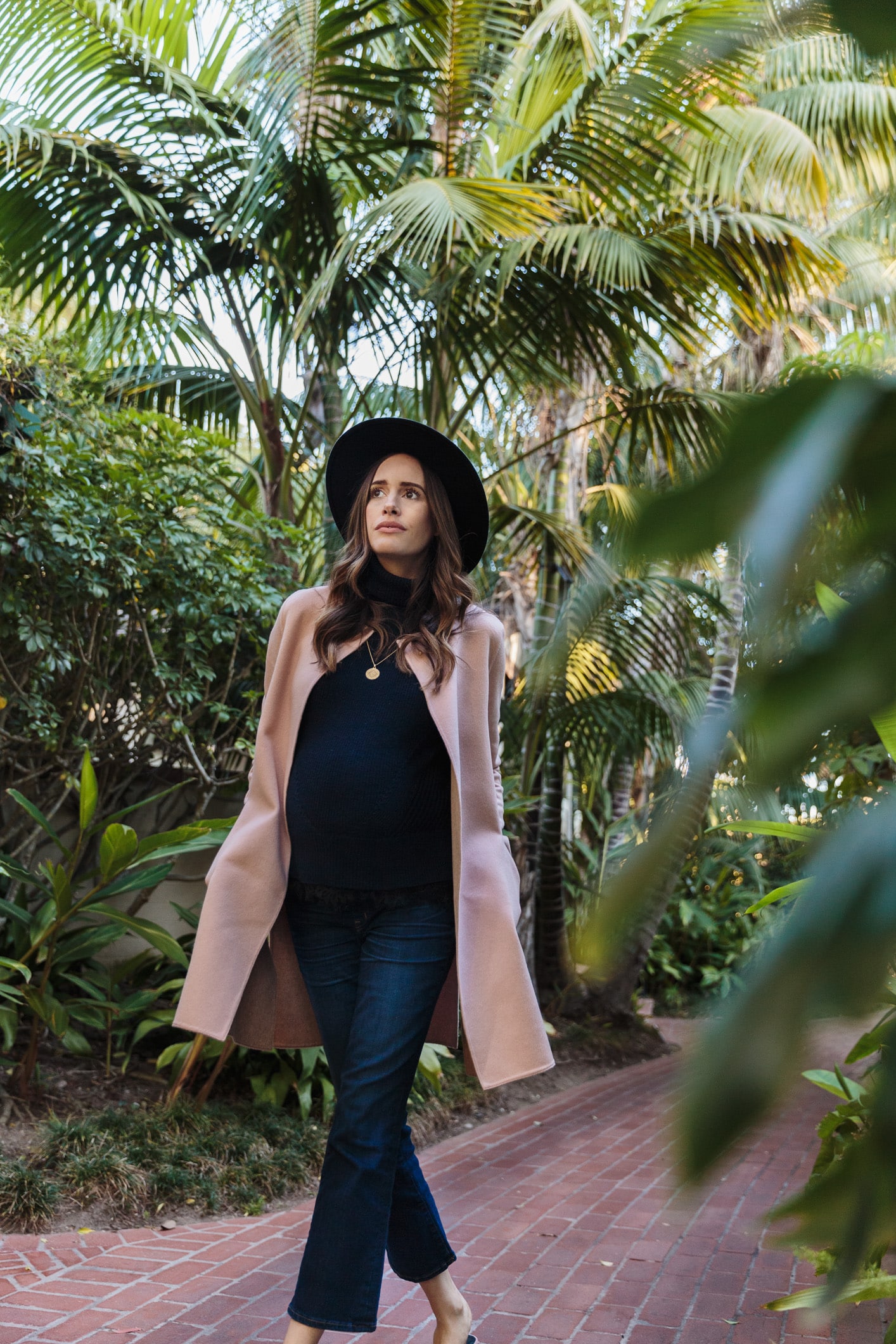 Louise Roe Wearing Pink Cuyana Coat Madewell Jeans Turtleneck Senso Mules And Hat For Winter In LA