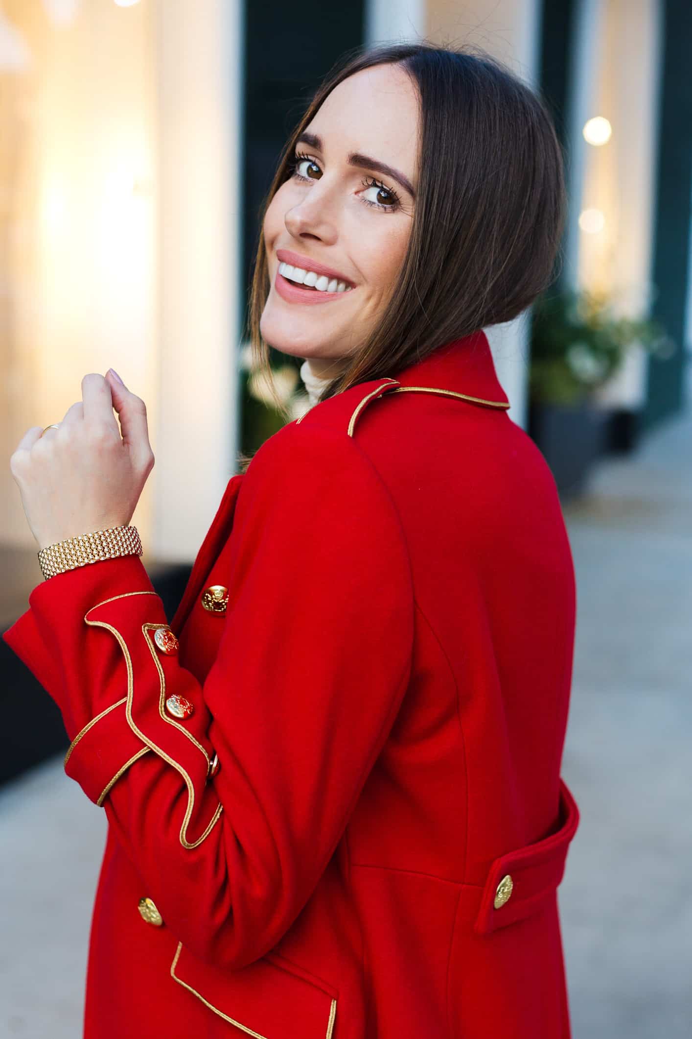 Louise Roe wearing Red Statement Military Coat