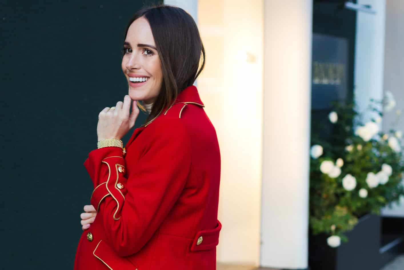 Louise Roe wearing Red Statement Military Coat