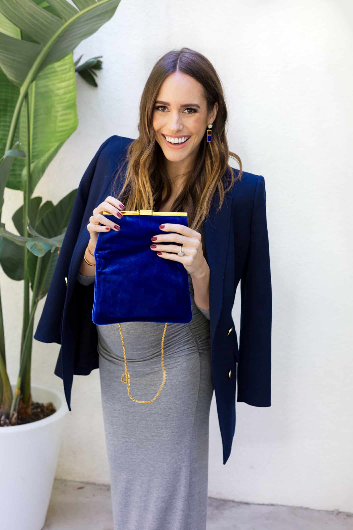 Louise Roe Pregnancy Date Night Look With Grey Maxi Dress Blue Blazer And Velvet Heels