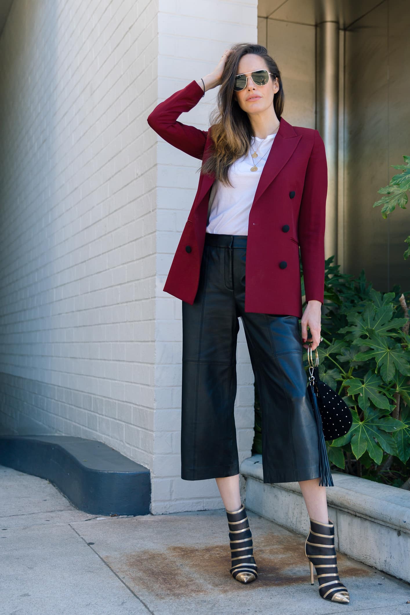 Louise Roe wearing Farrah and Sloane Spring Handbags Blazer Jimmy Choo Boots Leather Culottes and Quay Sunglasses