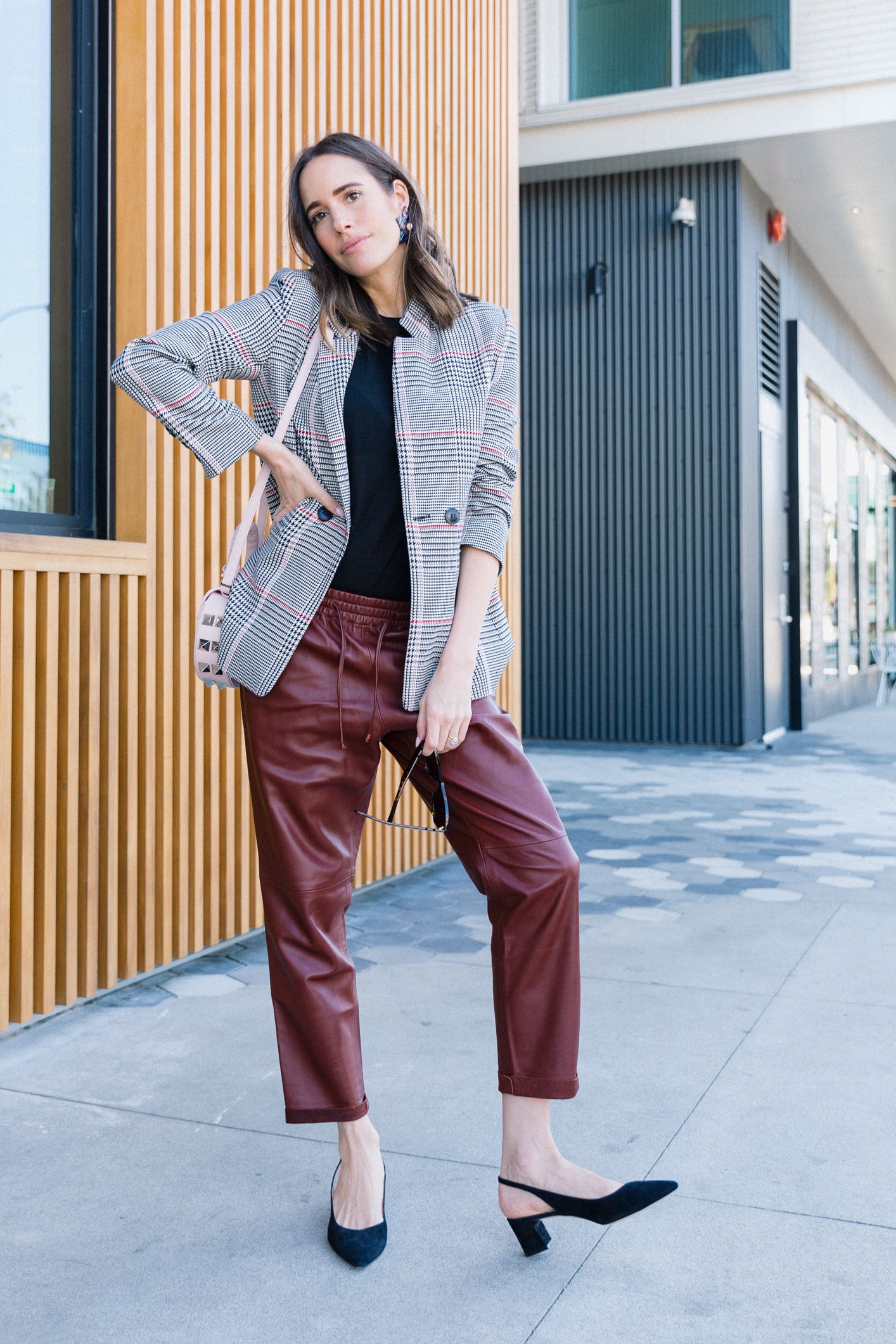 Louise Roe Spring Work Outfit With Leather Trousers Anine Bing Blazer And M. Gemi Heels