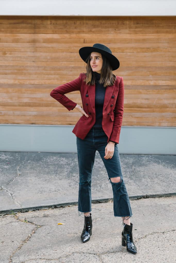 Louise Roe motherhood lessons wearing veronica beard blazer frame