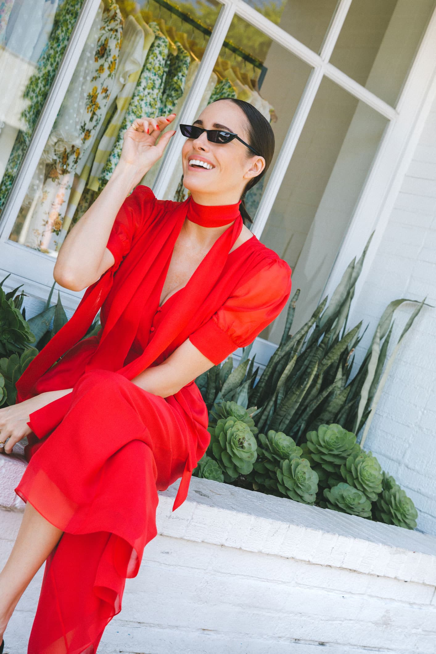 Louise Roe Wearing Red Beulah Jumpsuit Shares Blogging Tips and Career Advice